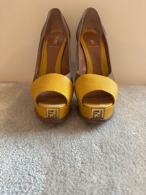 Fendi Yellow and Brown Peep-Toe Platform Pumps with Logo Accent